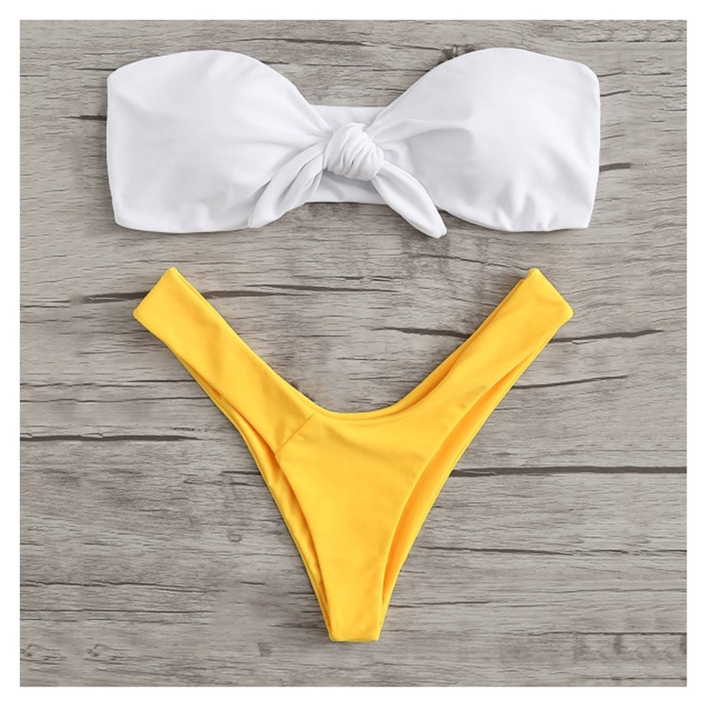 White Yellow Front Knot Bandeau High Leg Bikini - Picture 3 of 6